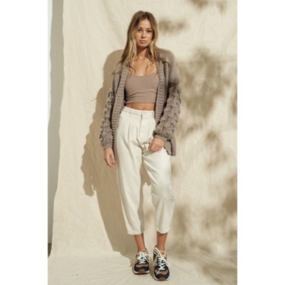 SOLD OUT Khaki Pompom Sleeve Knit Open Cardigan Sweater - Picture 2 of 6